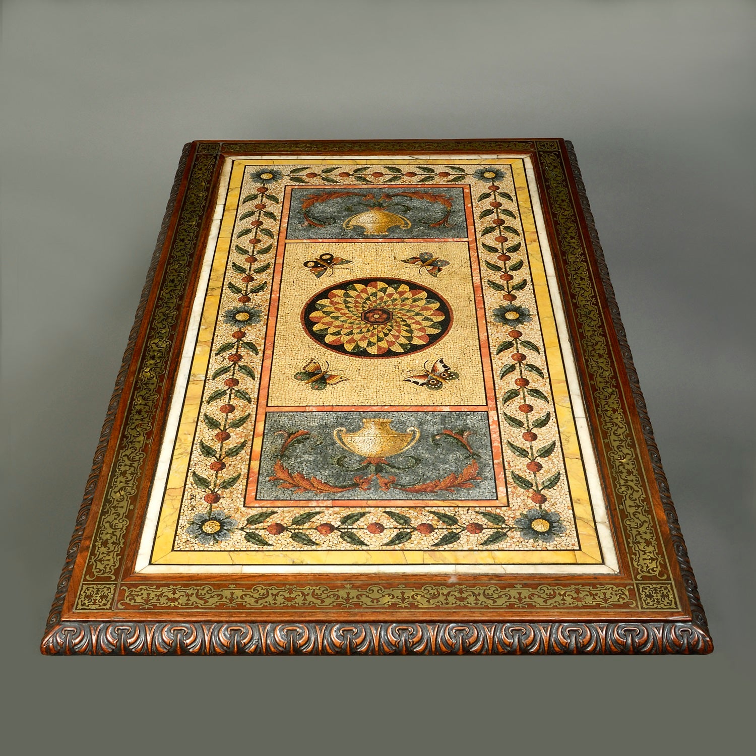 An Important Rosewood Brass Inlaid Centre Table with a Grand Tour Roman Mosaic Top