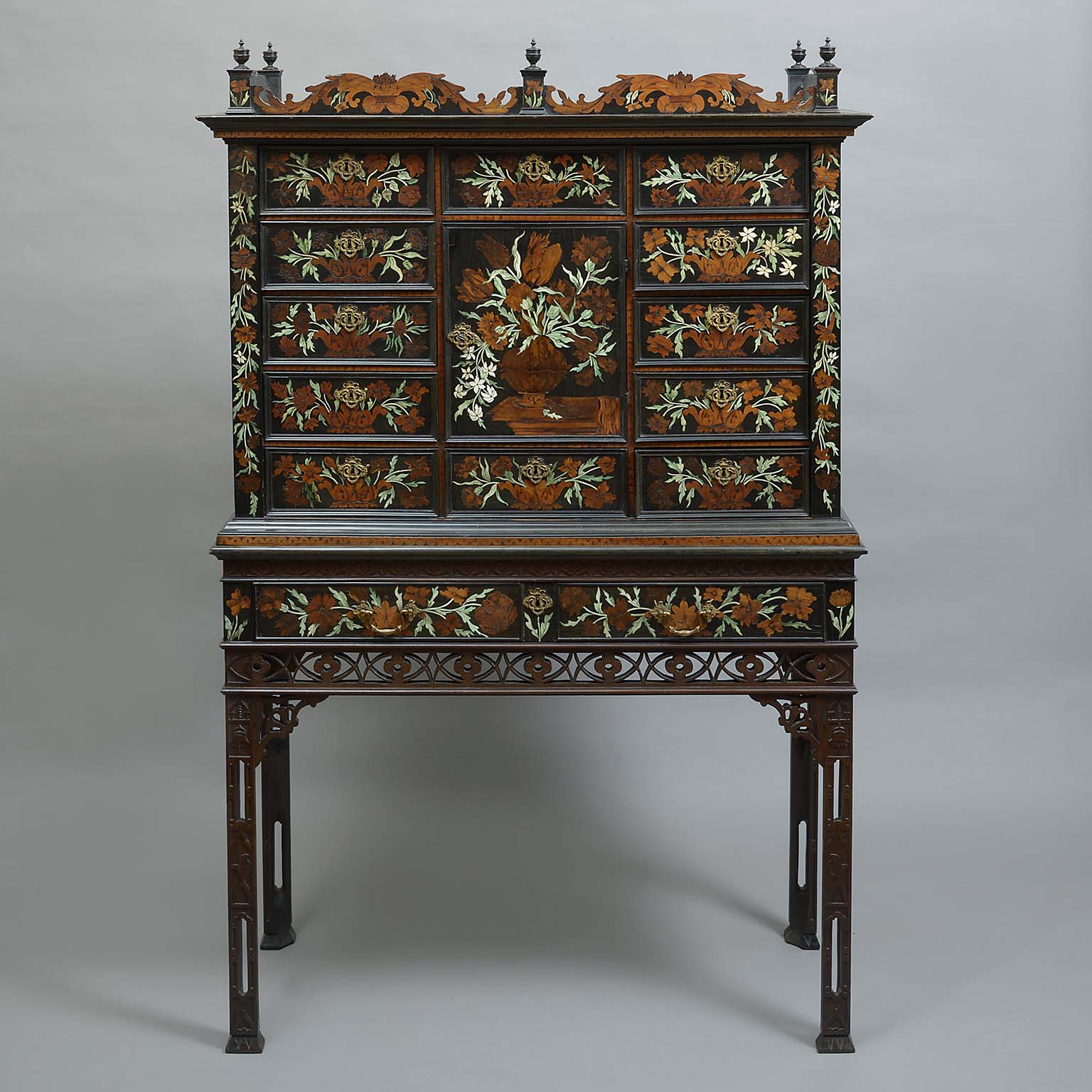 Charles II Fruitwood and Bone Marquetry Cabinet on a bespoke mid Georgian Stand