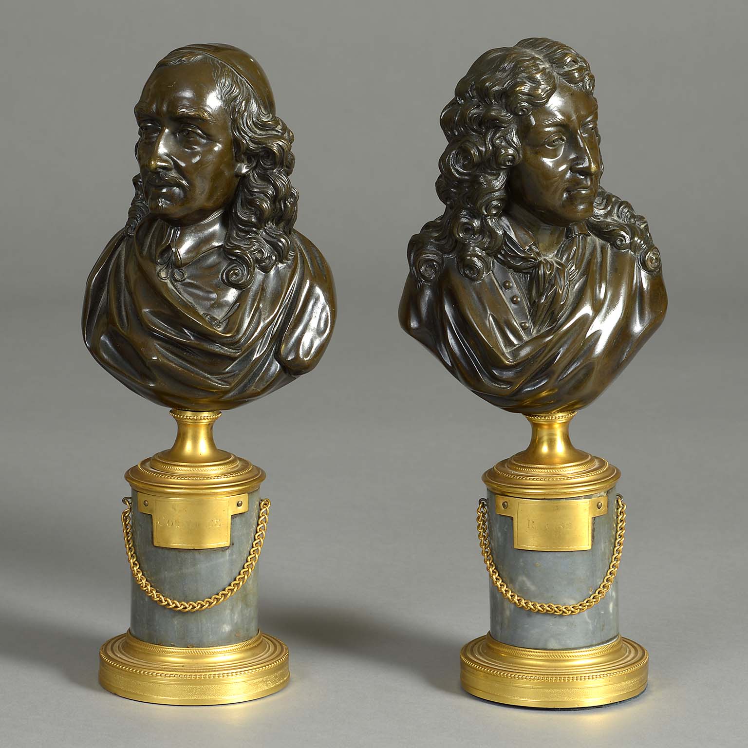 Pair of bronze Busts of Racine and Corneille