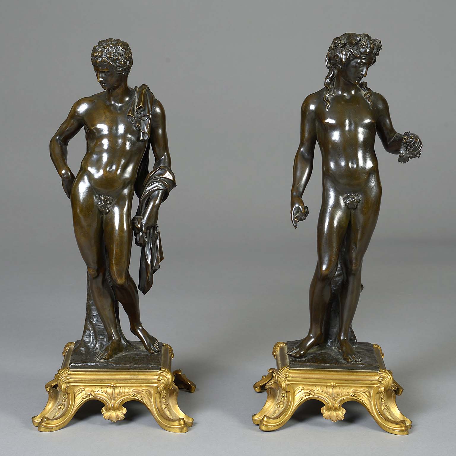 Pair of Neo-Classical Bronzes of Antinous and Bacchus on Gilt bronze Bases