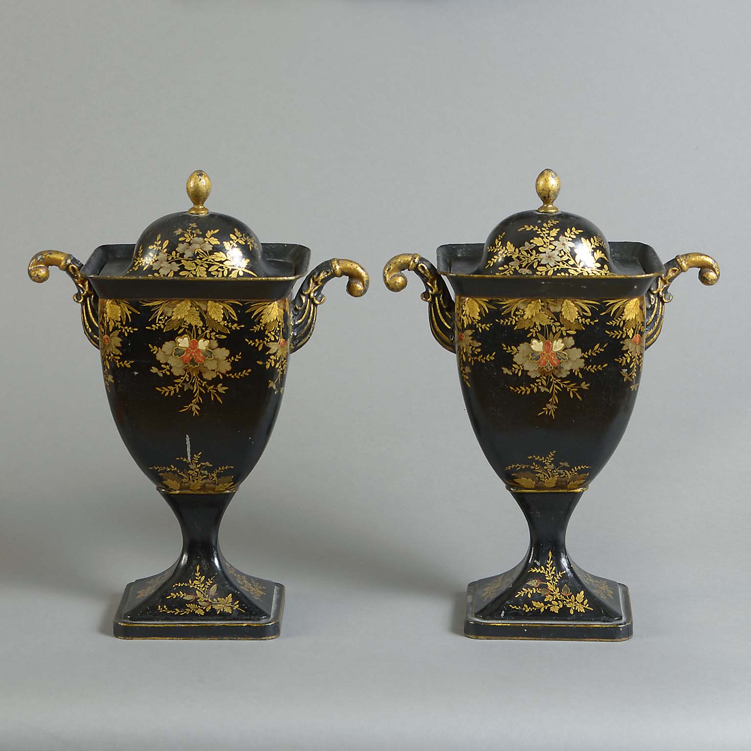 Pair of Toleware Chestnut Urns